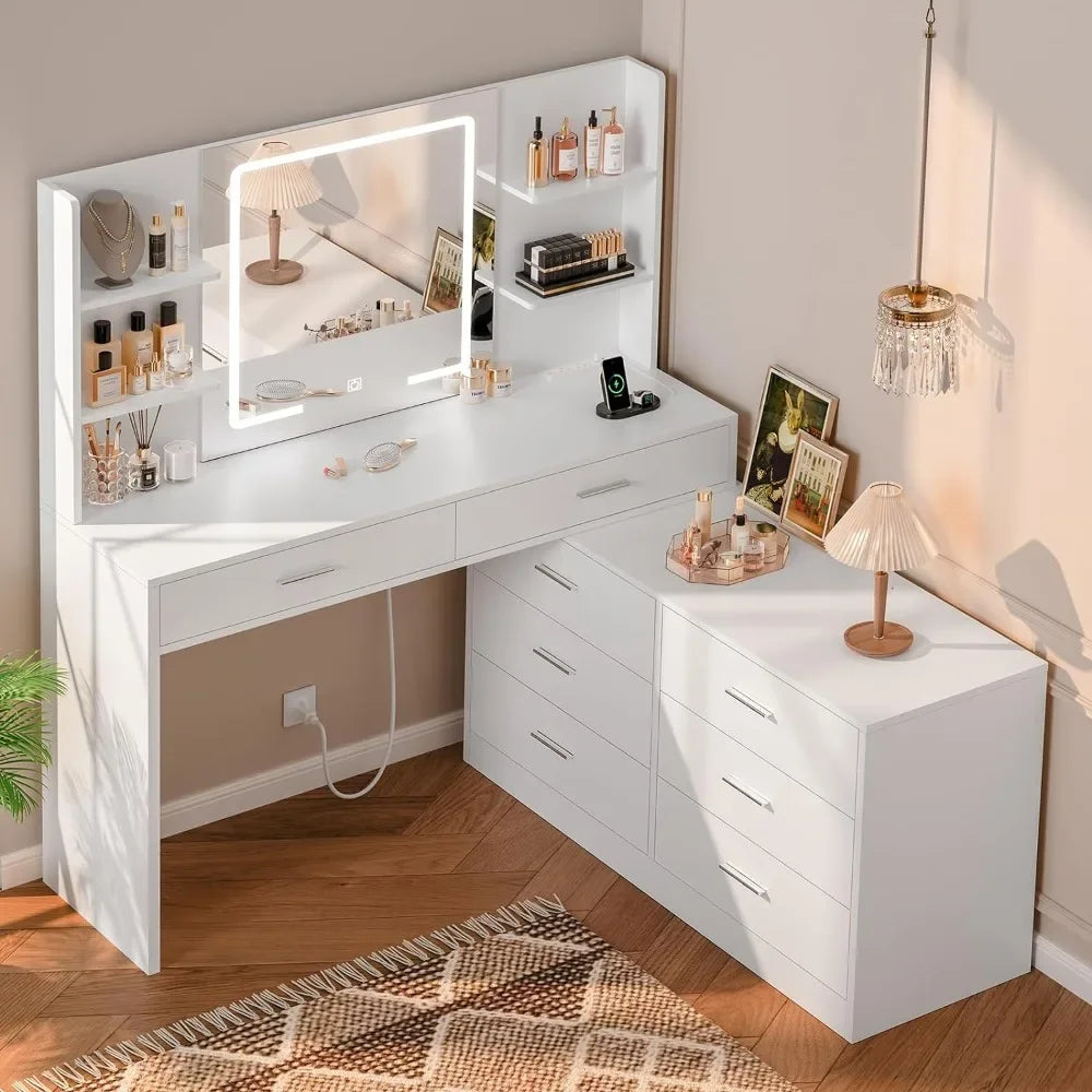 Modern Corner Vanity Desk with LED Mirror Power Outlet 8 Drawers LP Replenish