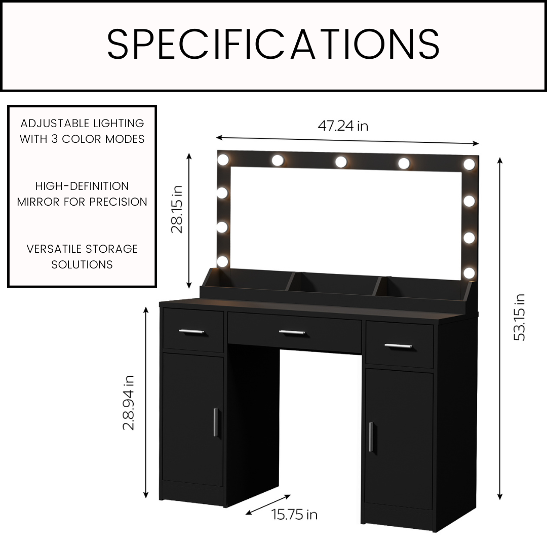 47.5" Vanity Desk with Mirror, LED Lights, and Storage