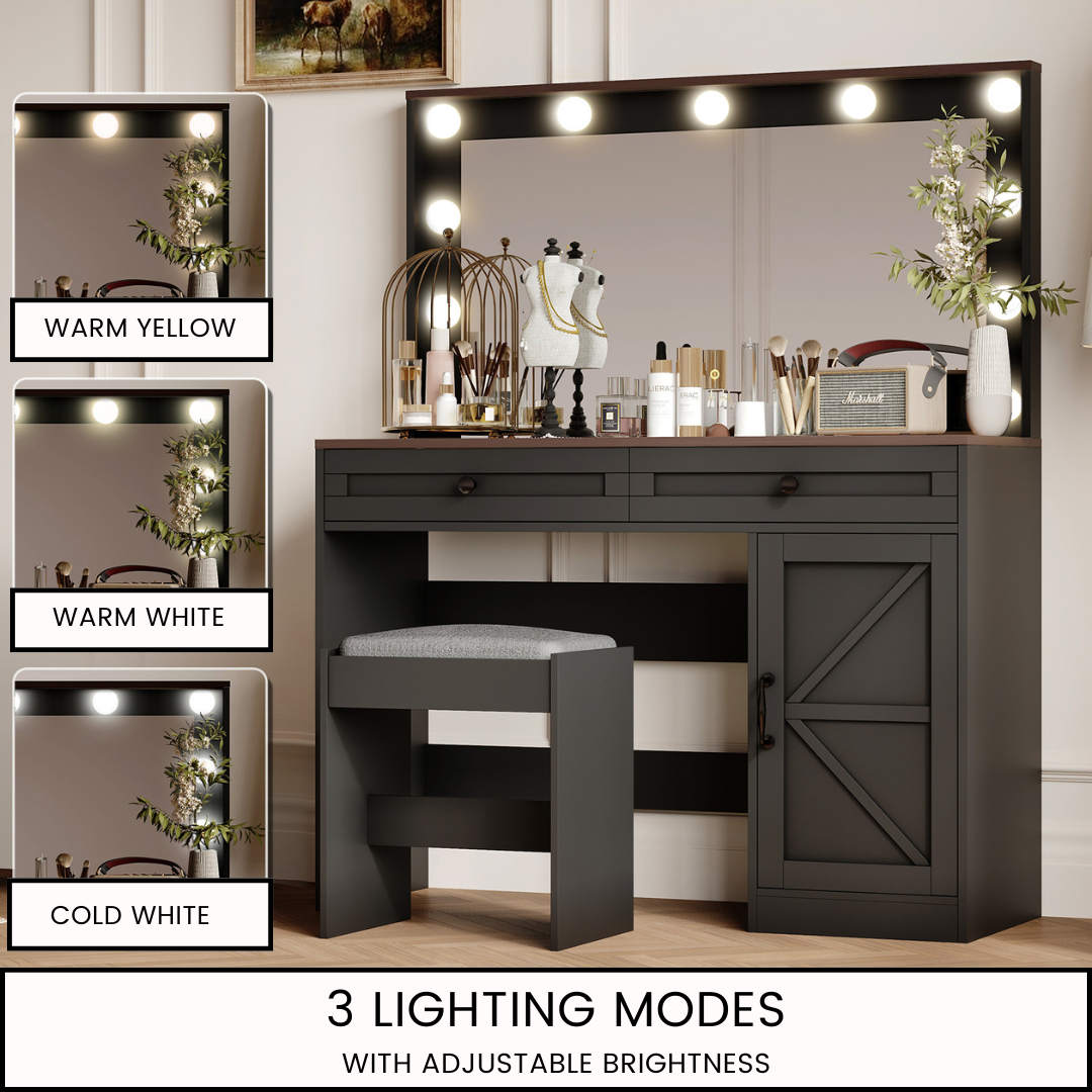 Black Makeup Vanity Table with LED Mirror, Storage, and Stool