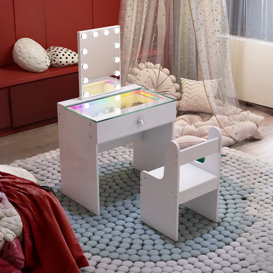 Compact Vanity Desk with RGB Light Strip, LED Mirror, Bluetooth, and Charging Ports