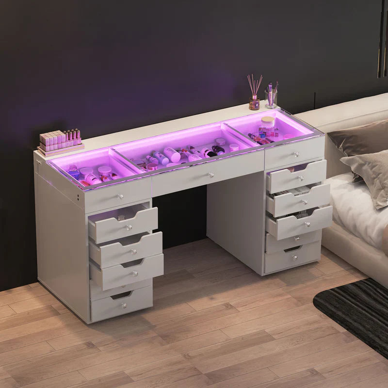 Vanity Desk Pro 13 Storage Drawers with LED Light & RGB, White Pink or Black