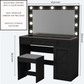 Black Makeup Vanity Table with LED Mirror, Storage, and Stool