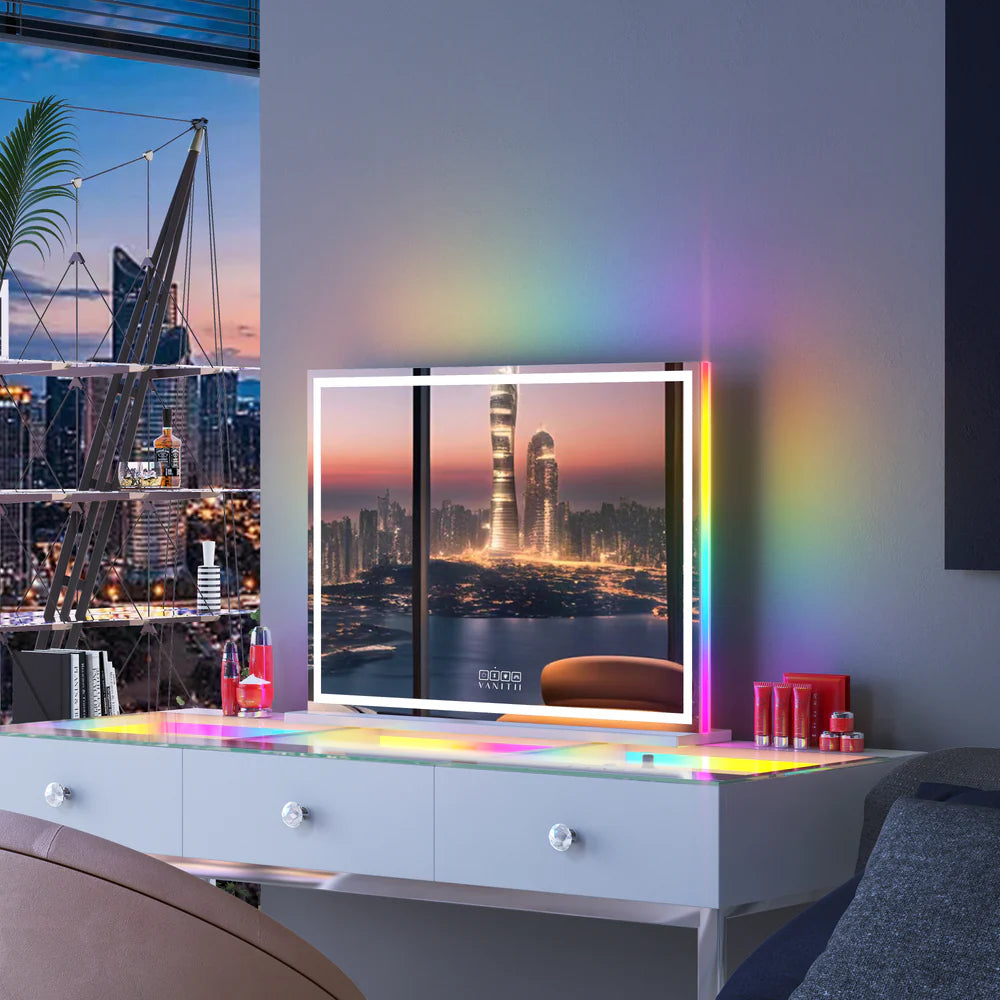 LED Glow Vanity Mirror with RGB Lights, Bluetooth Speaker, and Smart Touch Control