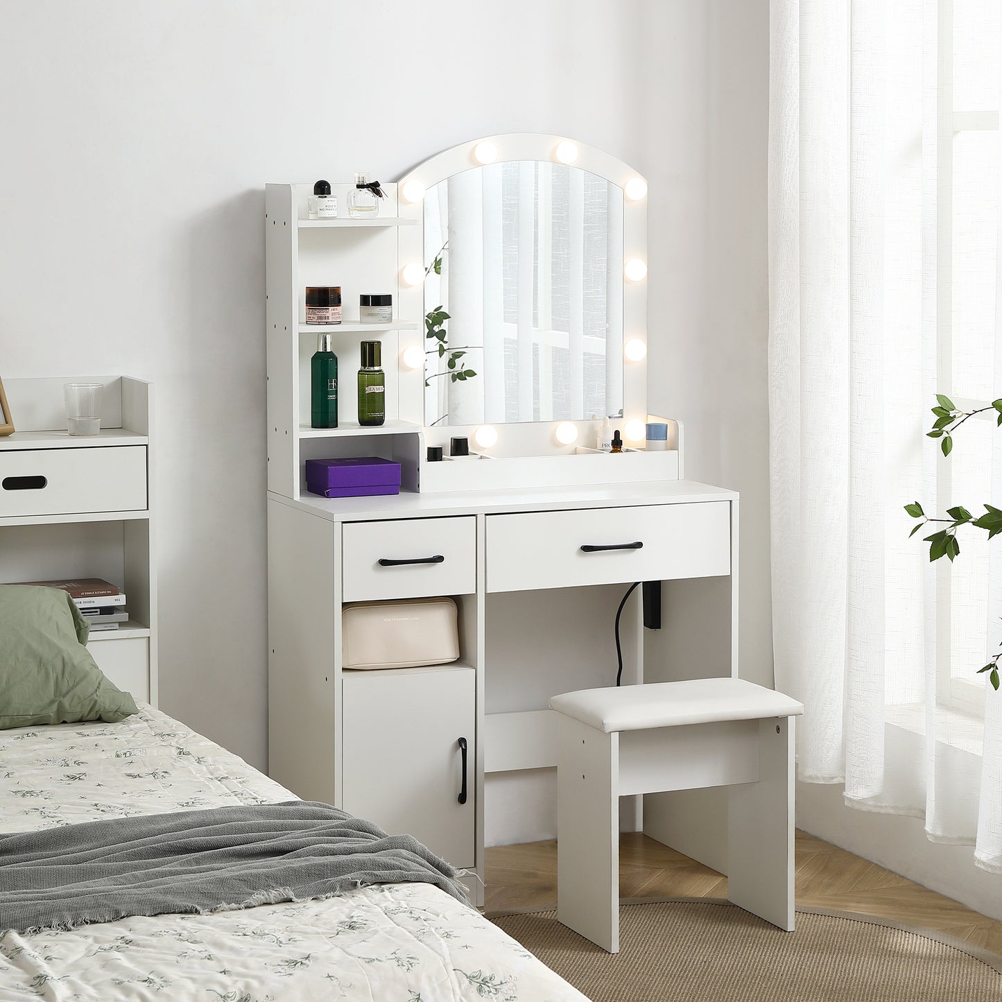 Elegant White Vanity Desk with Mirror, Storage & Drawers | Perfect Makeup Station