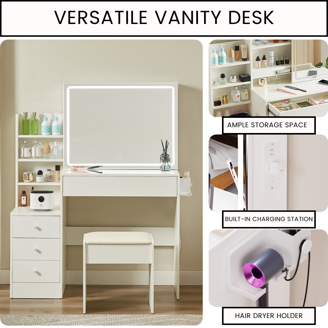 Vanity Table with LED Mirror, Adjustable Lighting, Storage, and Stool