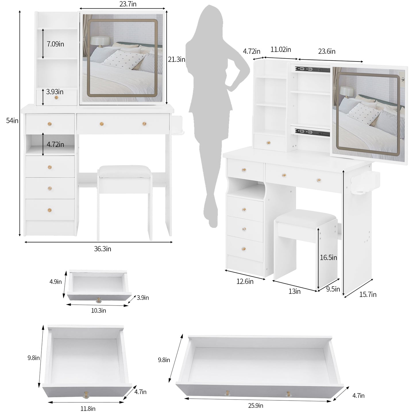 Vanity Desk with LED Lighted Mirror, Sliding Storage, and Stool