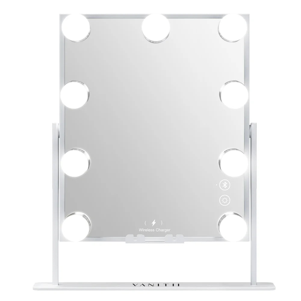 Tabletop Vanity Mirror with Bluetooth, Wireless Charging, and Dimmable LED Bulbs