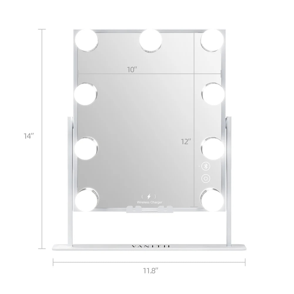 Tabletop Vanity Mirror with Bluetooth, Wireless Charging, and Dimmable LED Bulbs