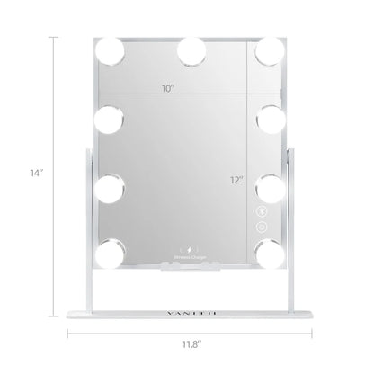 Tabletop Vanity Mirror with Bluetooth, Wireless Charging, and Dimmable LED Bulbs