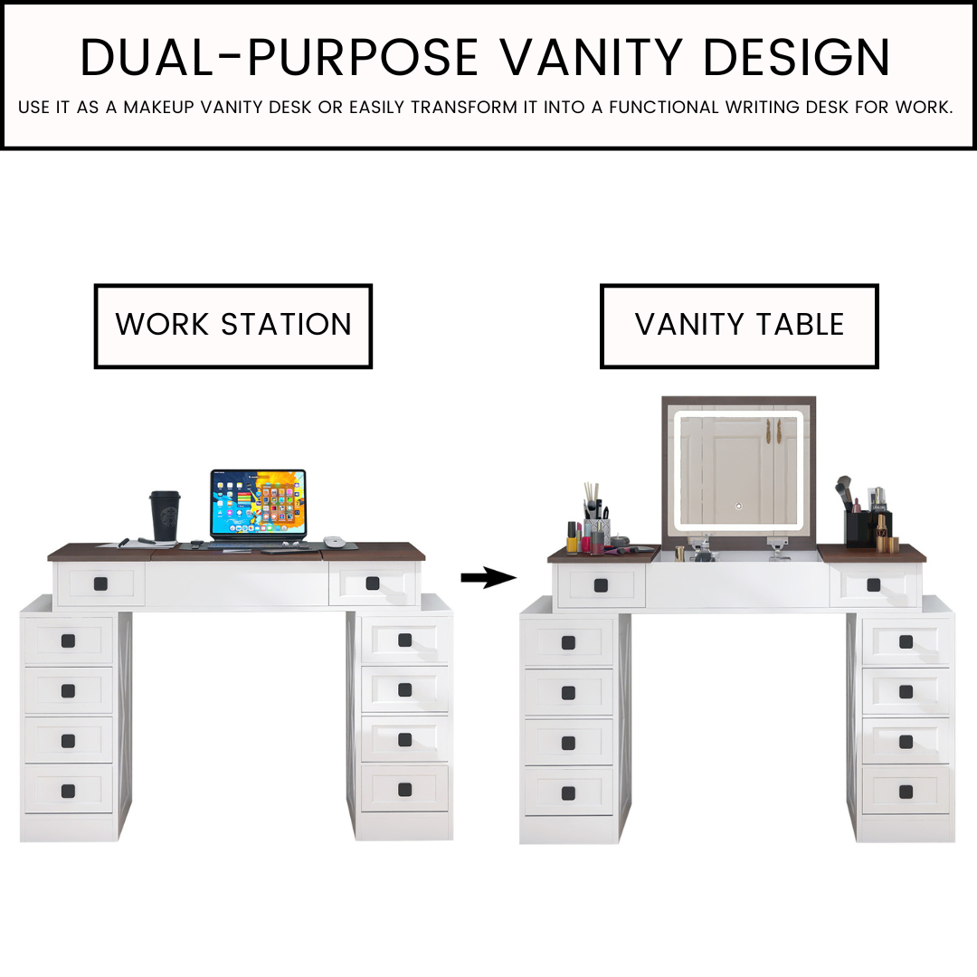 Makeup Vanity Desk with Flip-Up Mirror, LED Lights, and 10 Drawers