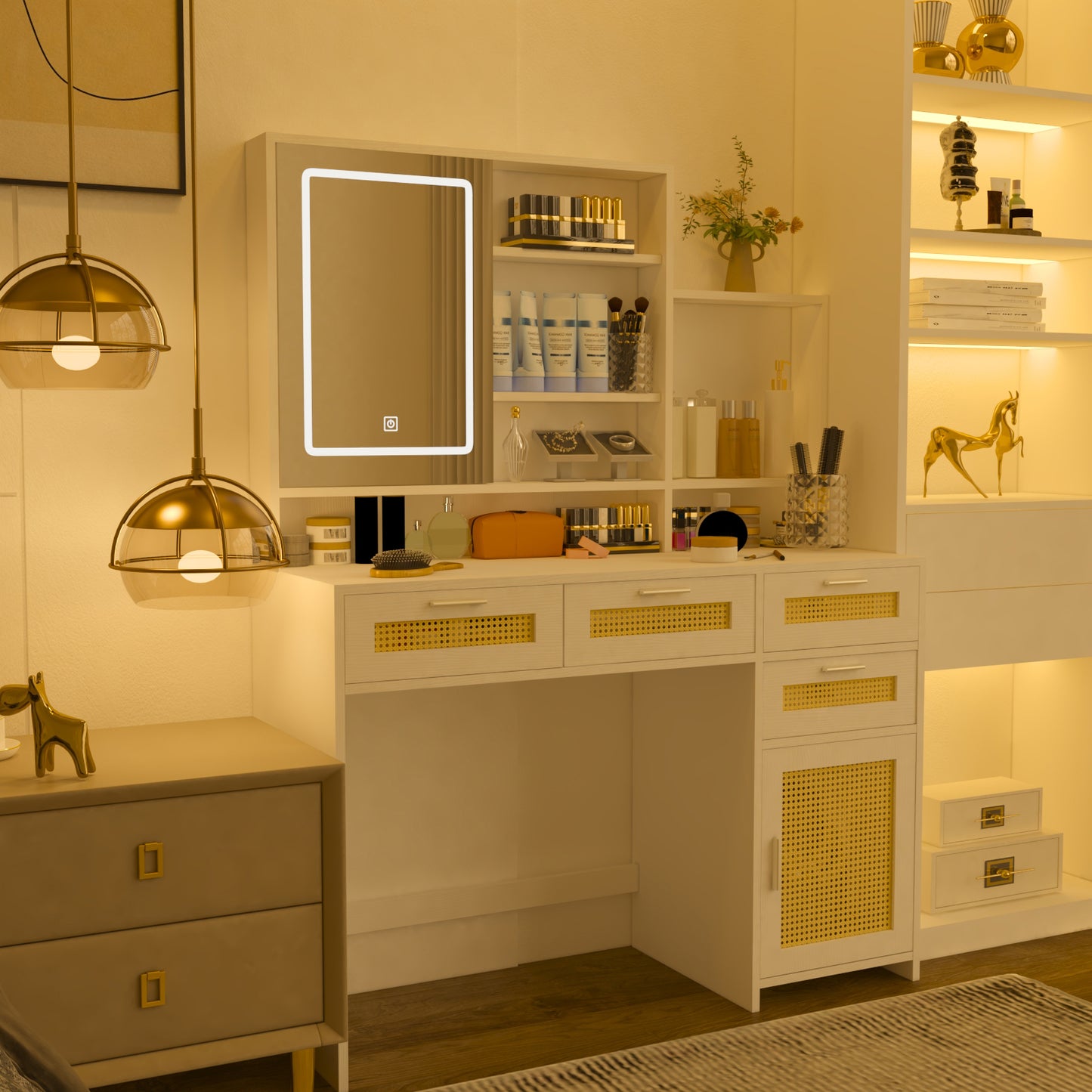 White Vanity Desk with LED Mirror, Storage, and Charging Station