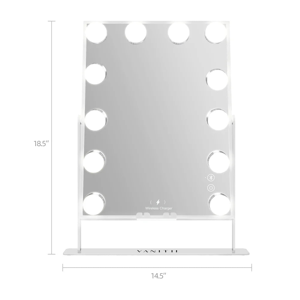 Tabletop Vanity Mirror with Bluetooth, Wireless Charging, and Dimmable LED Bulbs