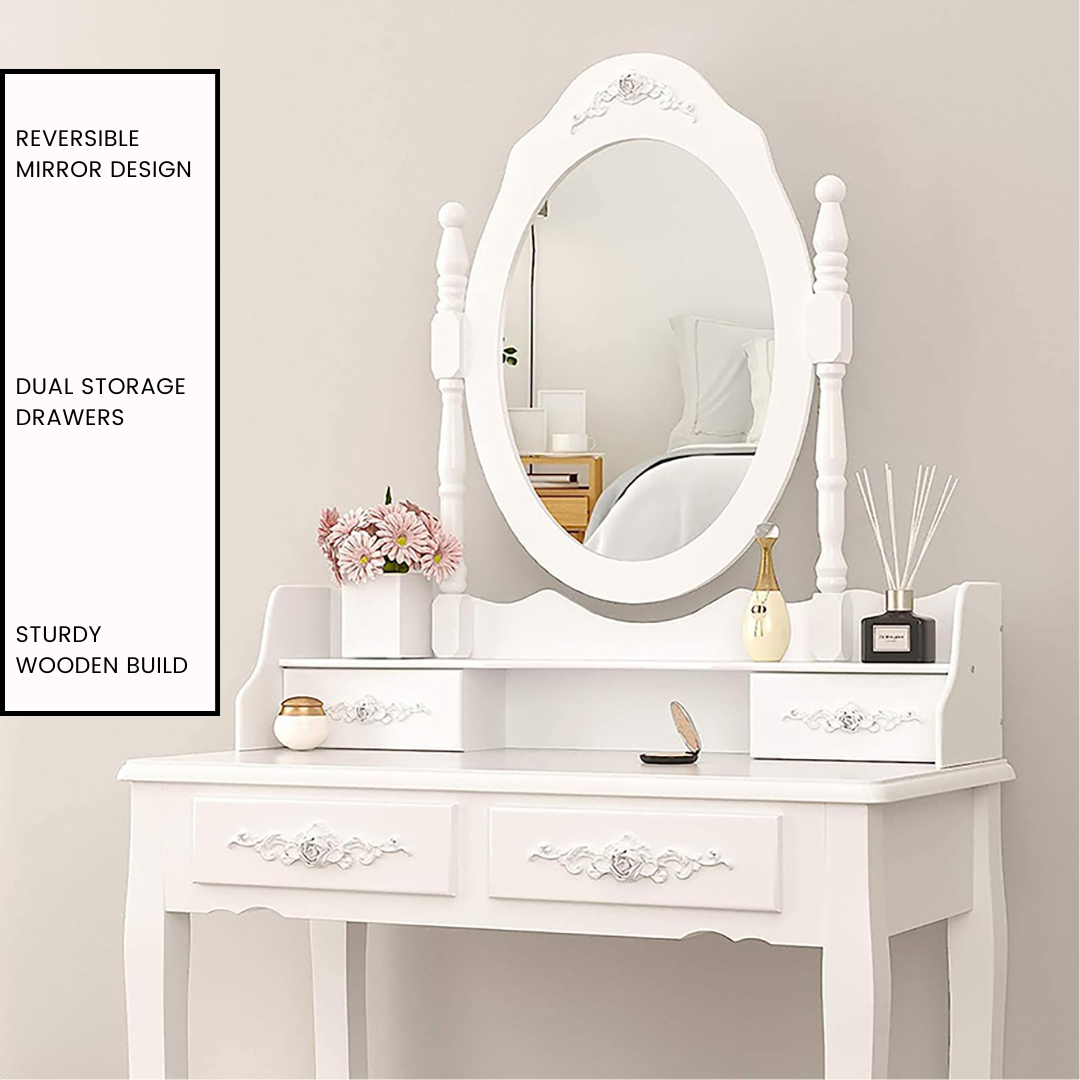 Elegant Vanity Table with Rotating Mirror, 4 Drawers, and Cushioned Stool