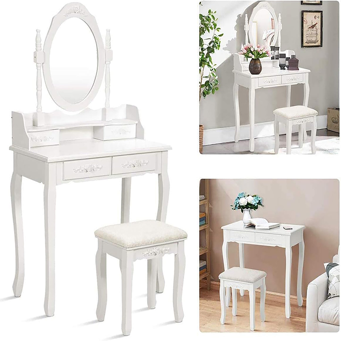 Elegant Vanity Table with Rotating Mirror, 4 Drawers, and Cushioned Stool