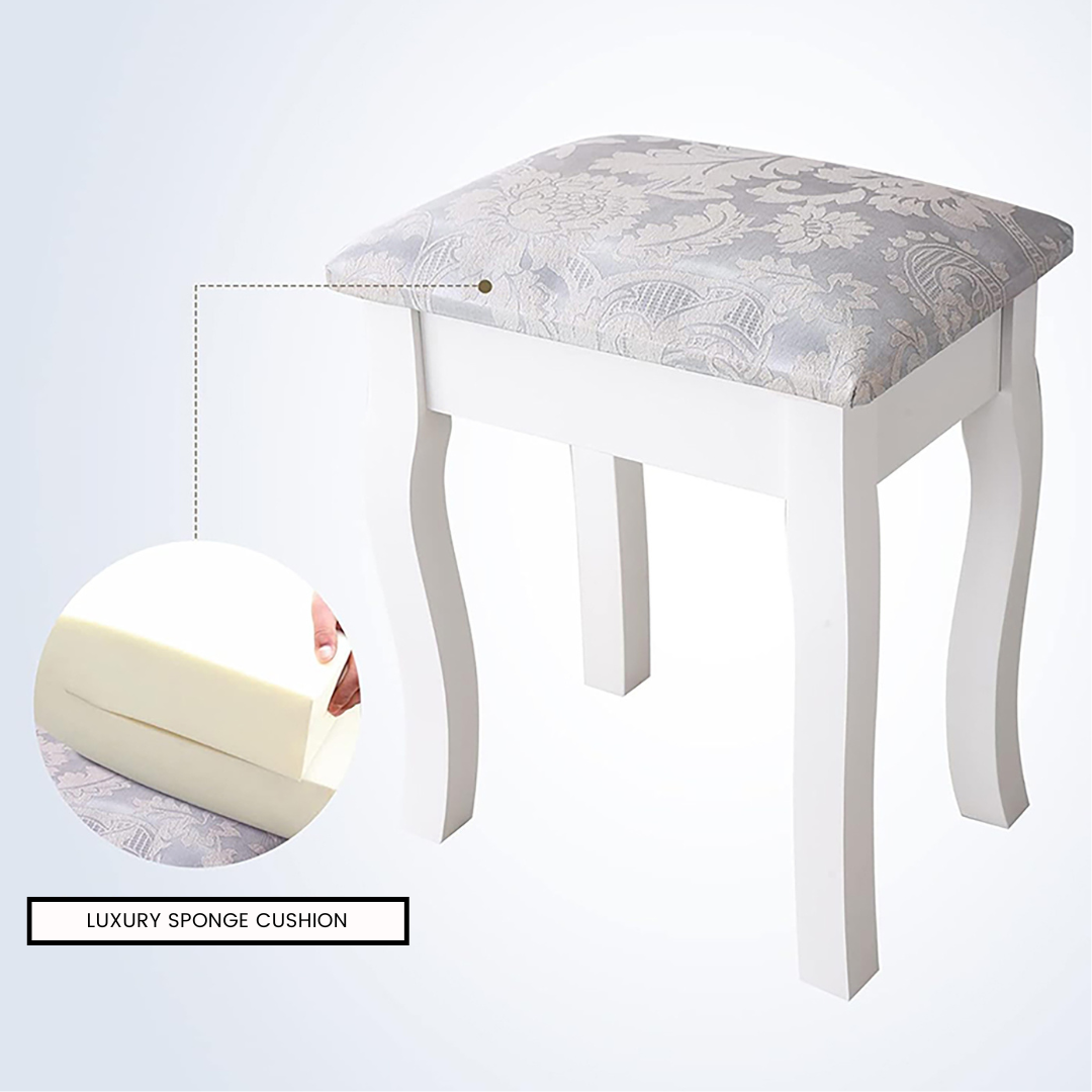 Elegant Vanity Table with Rotating Mirror, 4 Drawers, and Cushioned Stool