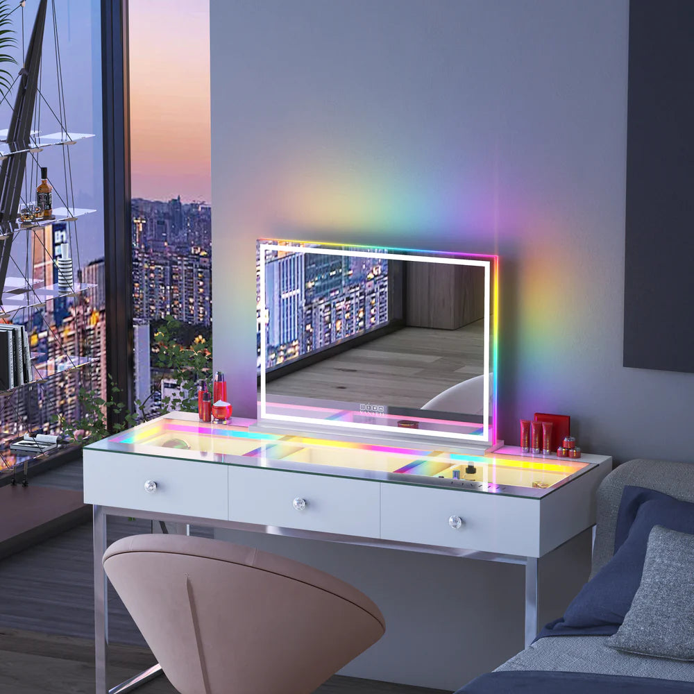 LED Glow Vanity Mirror with RGB Lights, Bluetooth Speaker, and Smart Touch Control