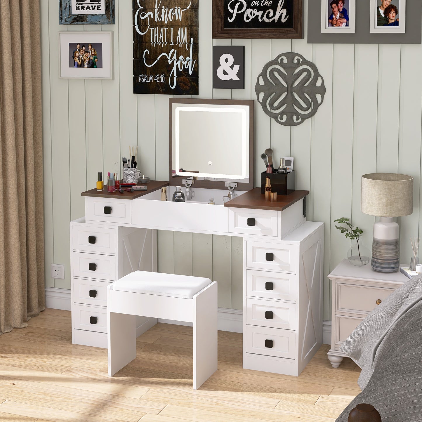 Makeup Vanity Desk with Flip-Up Mirror, LED Lights, and 10 Drawers