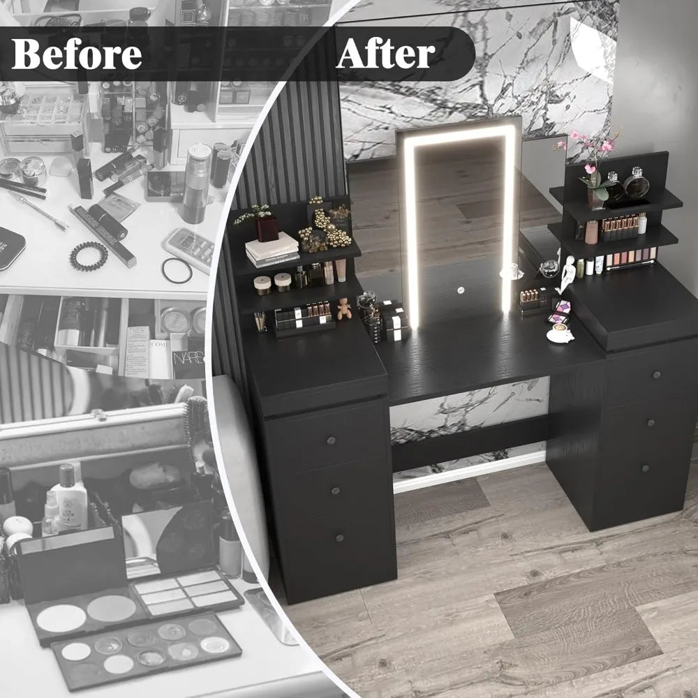 57.1" Black Makeup Vanity Table with Lighted Tri-Fold Mirror, 8 Drawers, and Storage Shelves