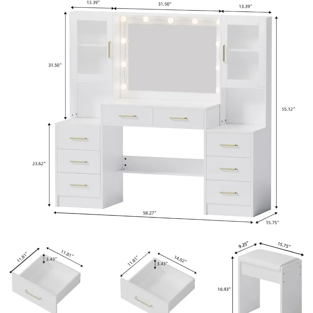 58" Extra Large Vanity Desk with LED Mirror, 8 Drawers, 2 Cabinets, and Charging Station