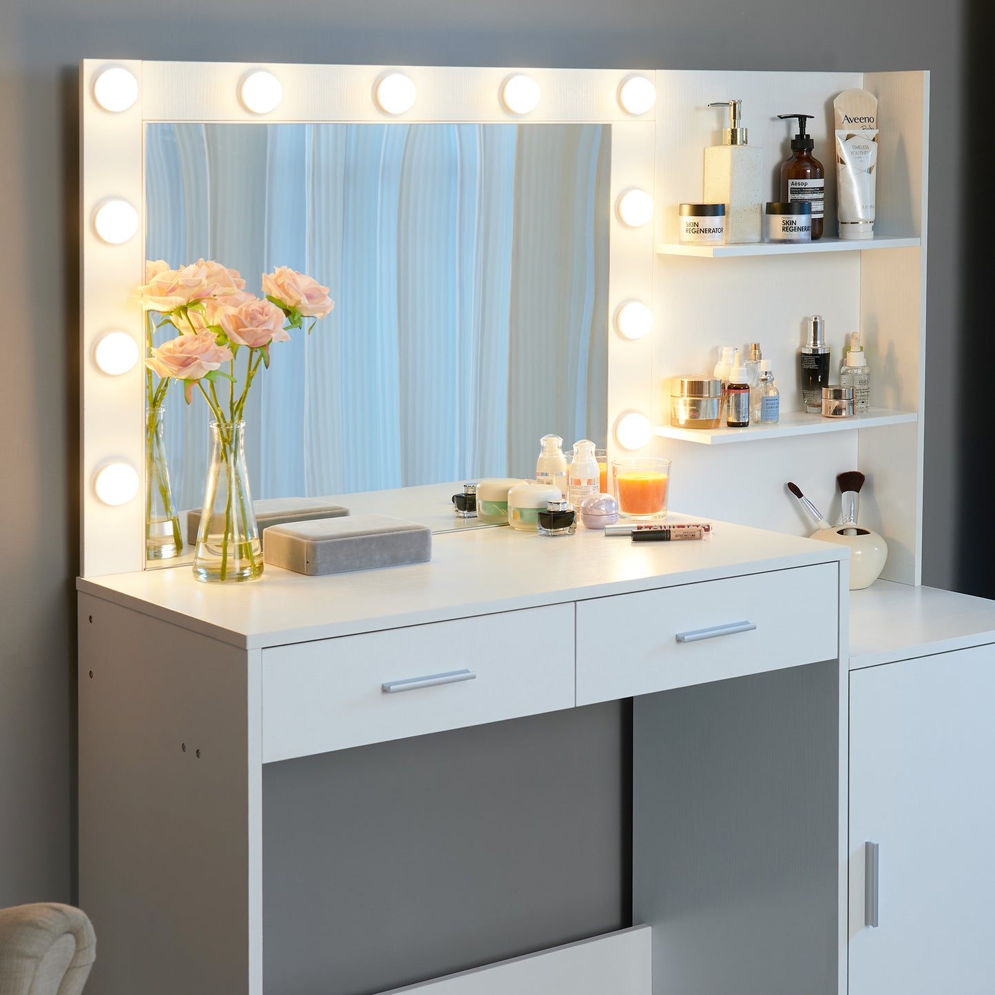 Makeup Vanity Desk with LED Mirror, Storage, and Adjustable Lighting