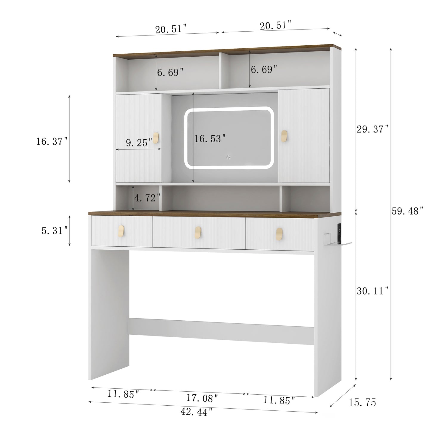 Farmhouse Dressing Table with Lighted Mirror, Adjustable Lighting, and Storage