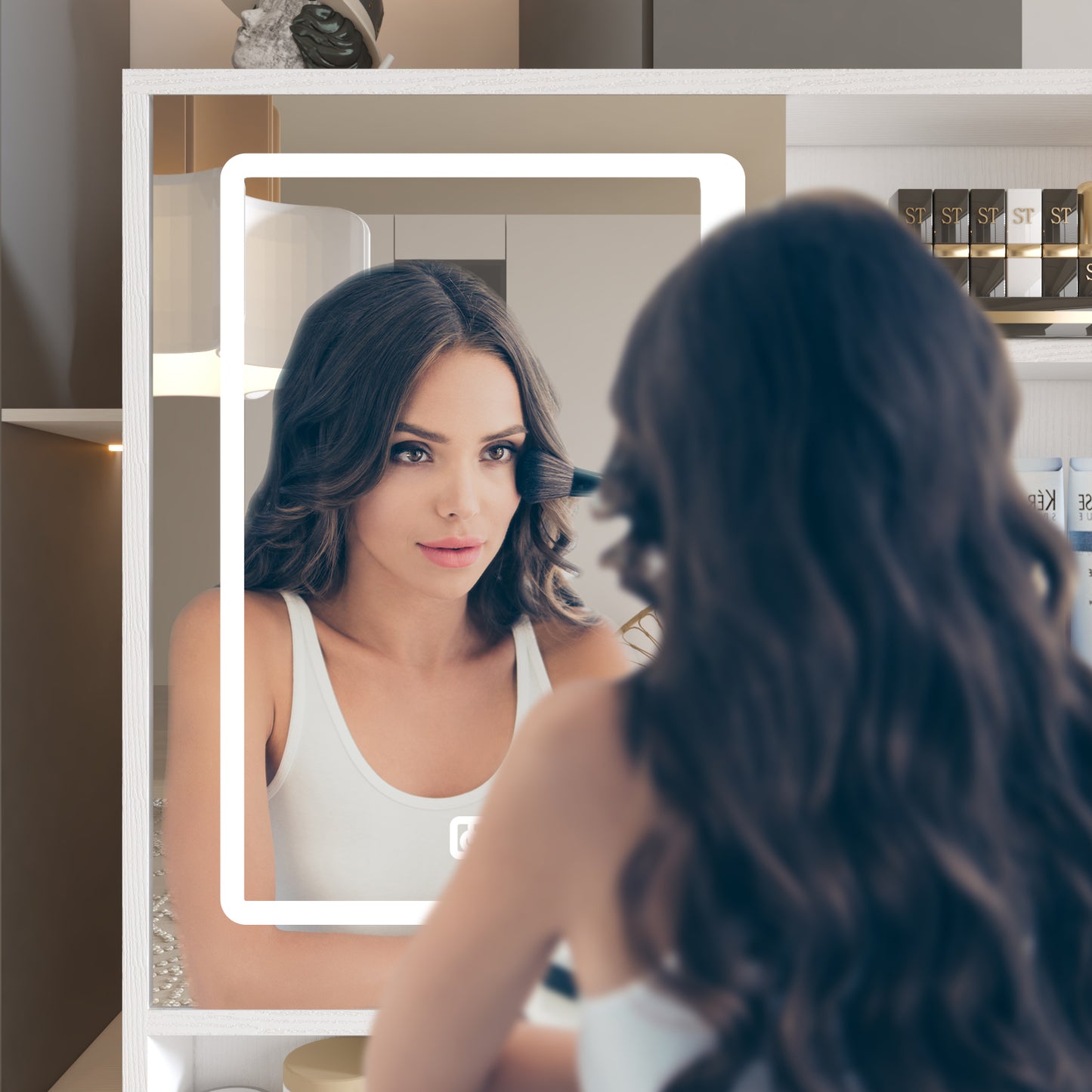 White Vanity Desk with LED Mirror, Storage, and Charging Station