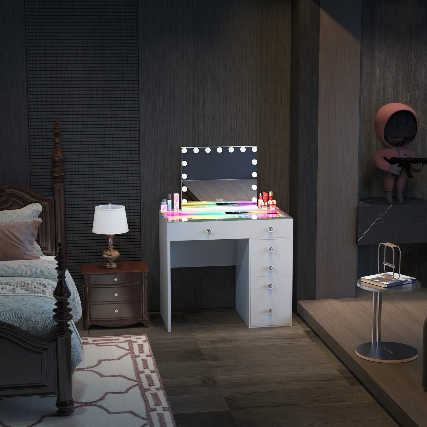 LUXE Vanity Desk with 6 Storage Drawers, LED Light Strip, and USB Charging Port