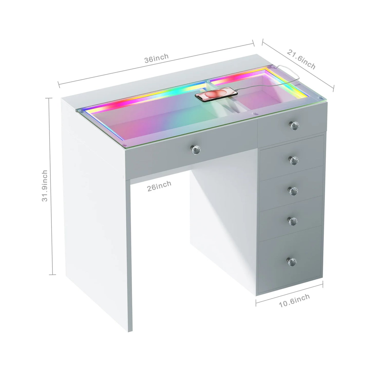 LUXE Vanity Desk with 6 Storage Drawers, LED Light Strip, and USB Charging Port