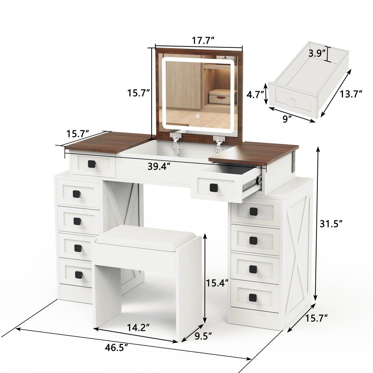 Makeup Vanity Desk with Flip-Up Mirror, LED Lights, and 10 Drawers