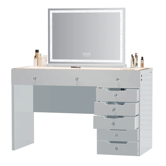 LUXE Vanity Desk with 8 Storage Drawers, LED Lighting & USB Charging