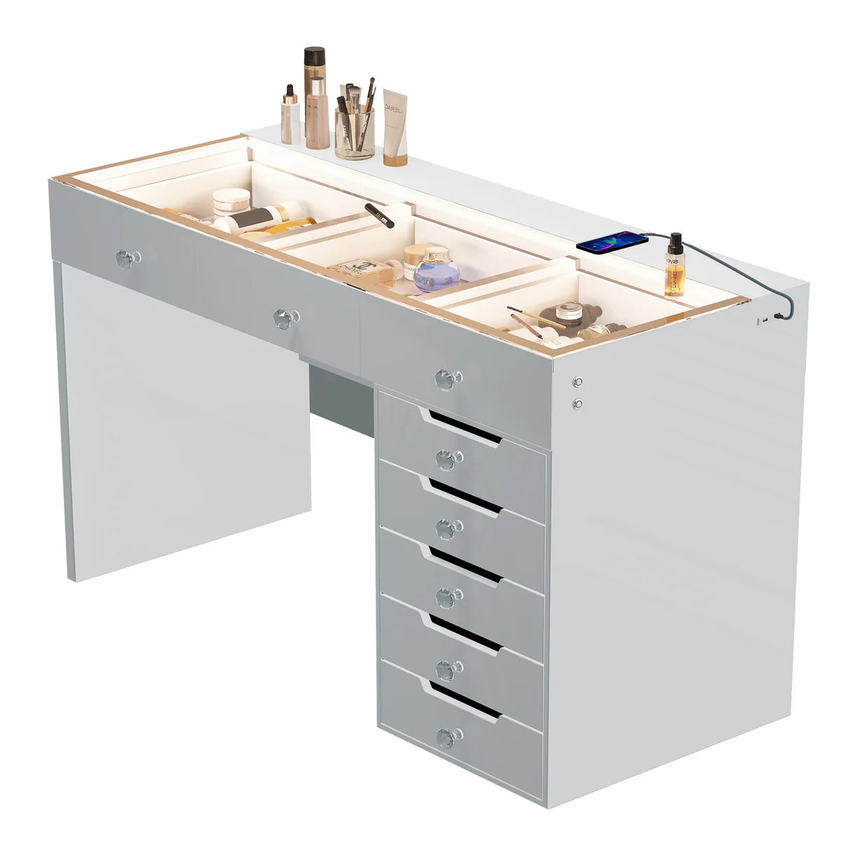 LUXE Vanity Desk with 8 Storage Drawers, LED Lighting & USB Charging