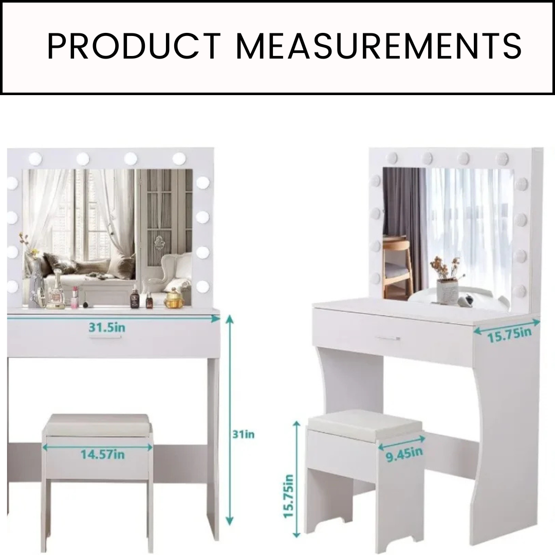 Mirrored Vanity Table with 12 LED Lights and Charging Station