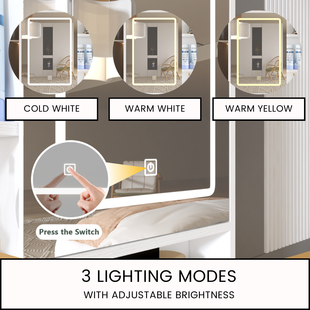 White Vanity Desk with LED Mirror, Storage, and Charging Station