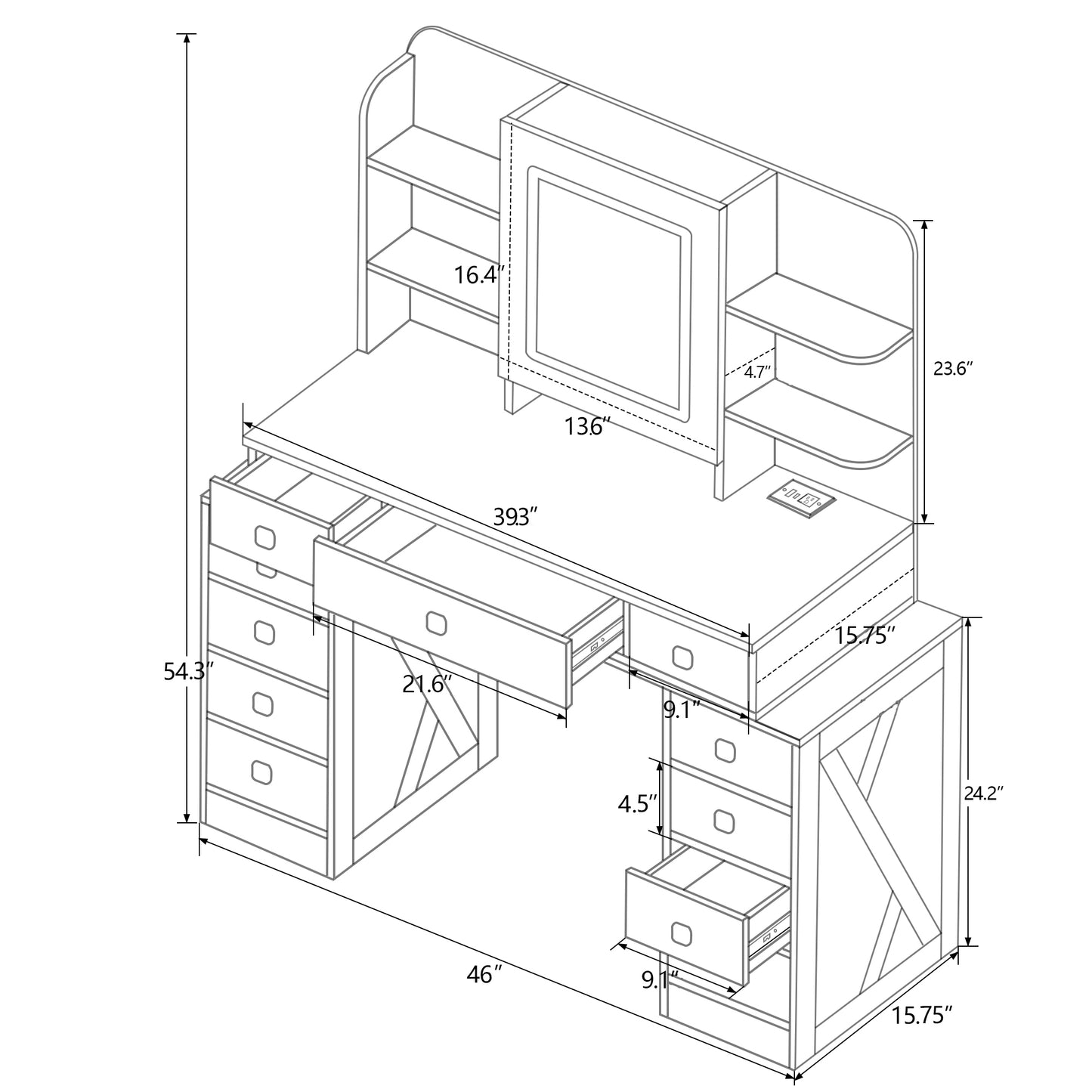 Vanity Desk with Sliding Mirror, LED Lighting, and 11 Drawers