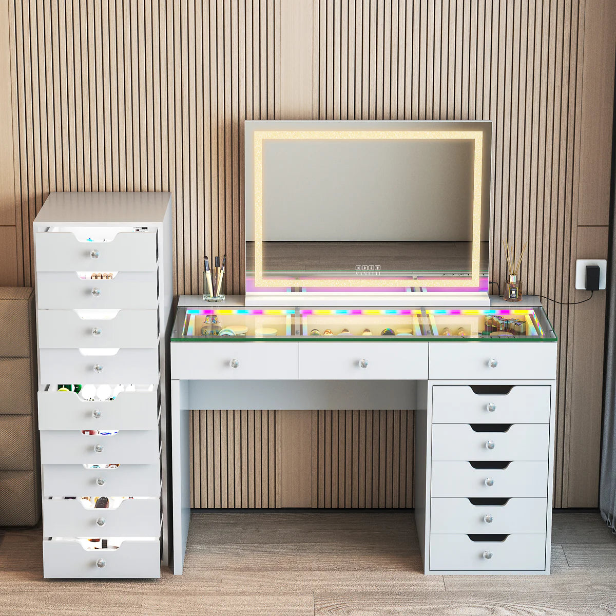 Makeup Vanity Storage Unit with 9 Drawers, LED Light Strip, and Crystal Lux Knobs