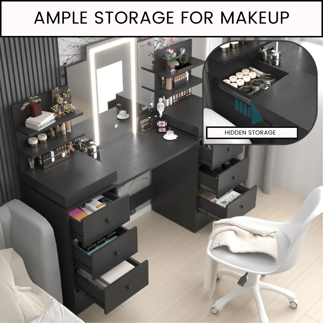 57.1" Black Makeup Vanity Table with Lighted Tri-Fold Mirror, 8 Drawers, and Storage Shelves