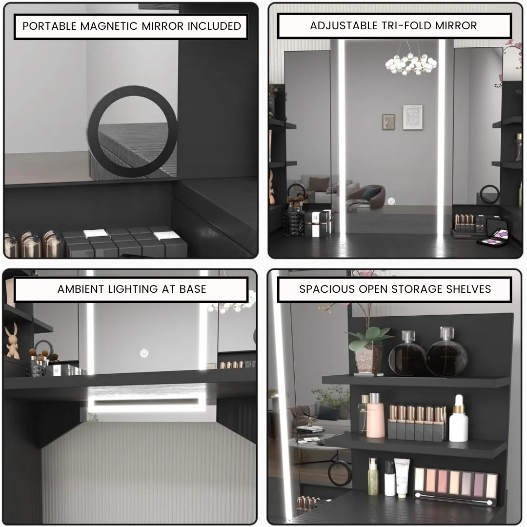 57.1" Black Makeup Vanity Table with Lighted Tri-Fold Mirror, 8 Drawers, and Storage Shelves