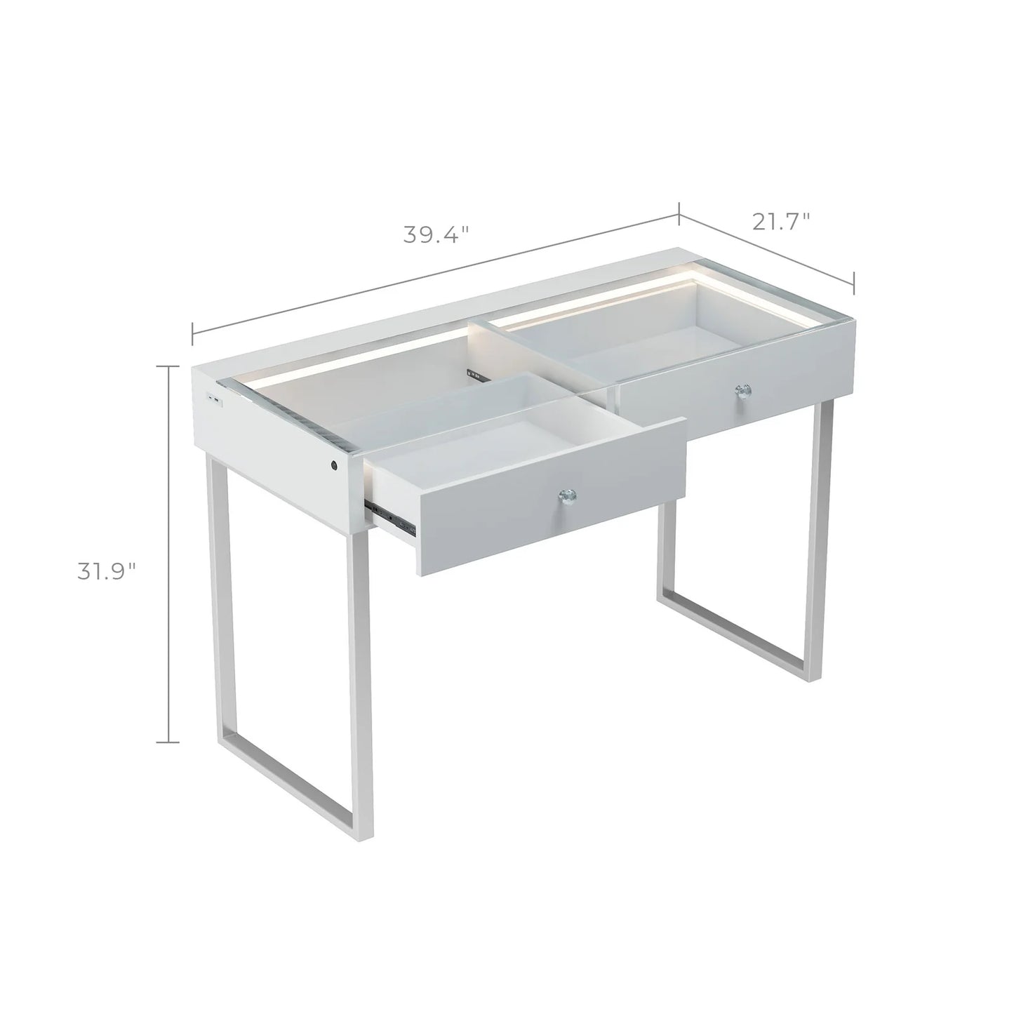 LUXE Vanity Desk Pro with Adjustable LED Light Strip and Glass Top - 2 Drawer