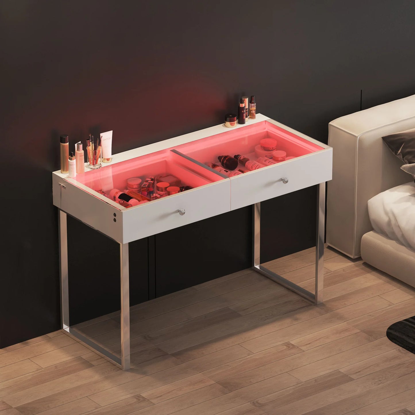 LUXE Vanity Desk Pro with Adjustable LED Light Strip and Glass Top - 2 Drawer