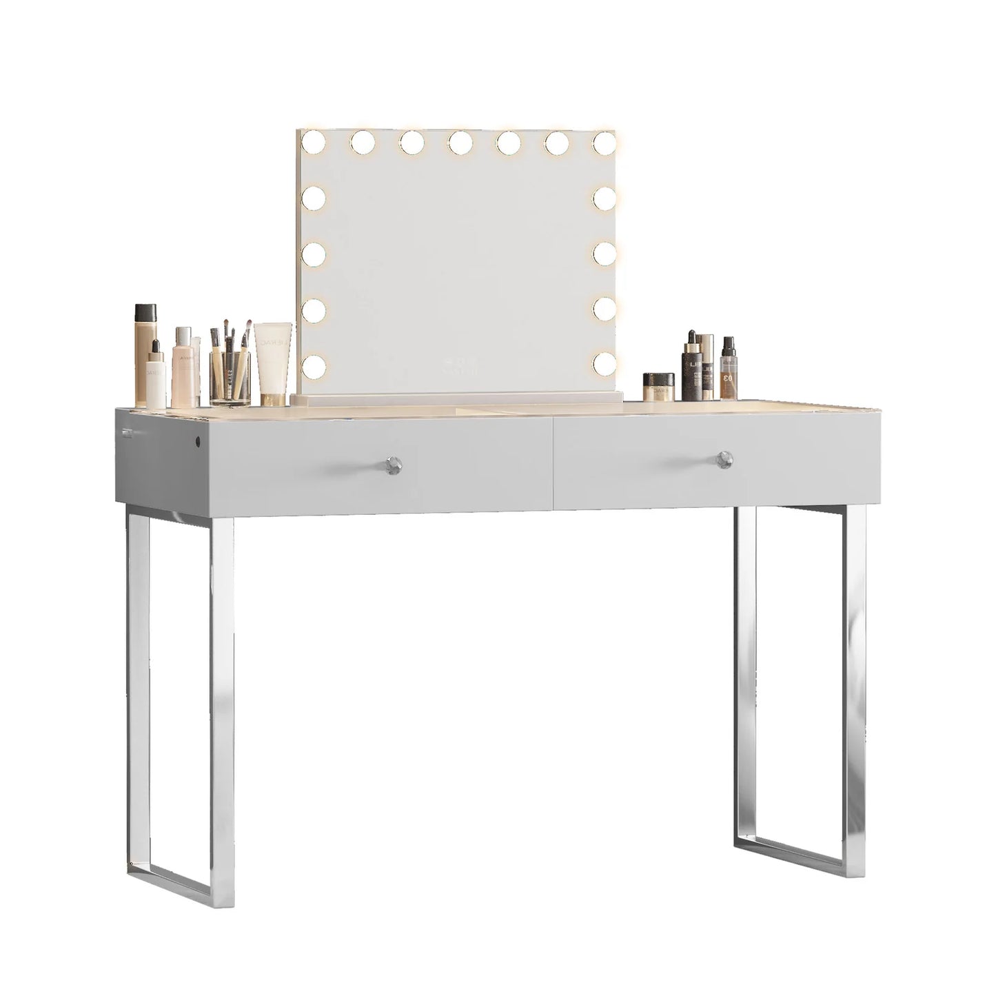 LUXE Vanity Desk Pro with Adjustable LED Light Strip and Glass Top - 2 Drawer