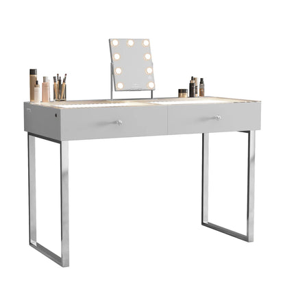 LUXE Vanity Desk Pro with Adjustable LED Light Strip and Glass Top - 2 Drawer