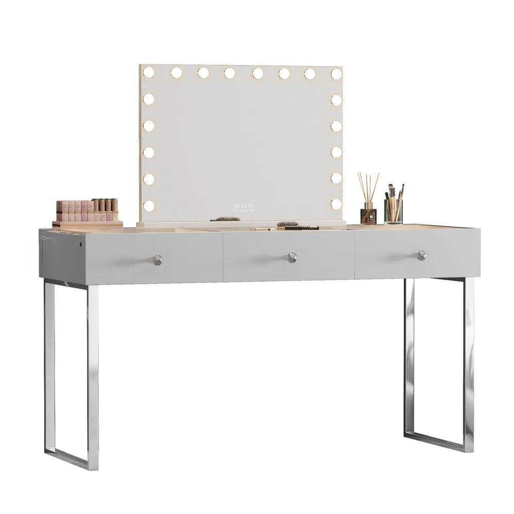 Vanity Desk Pro with Adjustable LED Light Strip and Glass Top - 3 Drawer