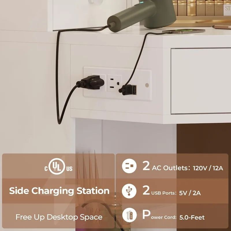 Corner Vanity Desk with LED Mirror, Charging Station, Rotating Shelves, and Cushioned Stool
