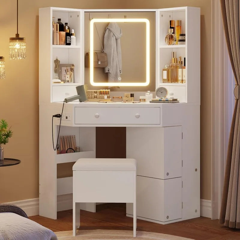 Corner Vanity Desk with LED Mirror, Charging Station, Rotating Shelves, and Cushioned Stool