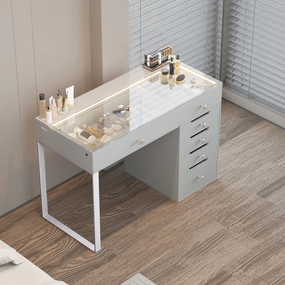 Vanity Desk Pro with 6 Drawers, Glass Top, and Diamond Knobs