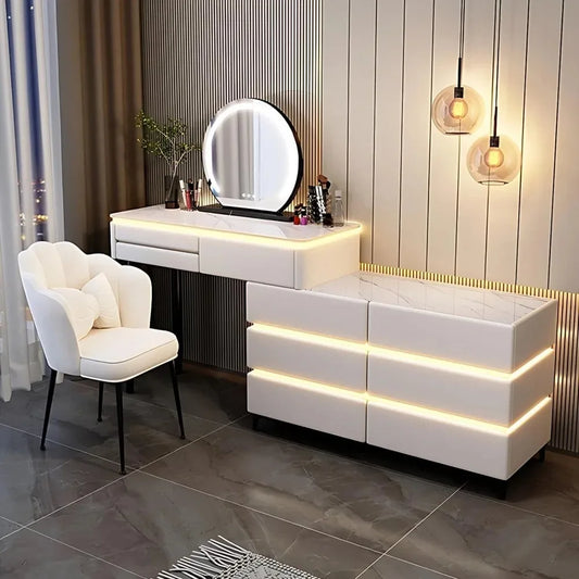 Luxury Dressing Table with LED Mirror, 9 Drawers, Smart Makeup Mirror, and Chair