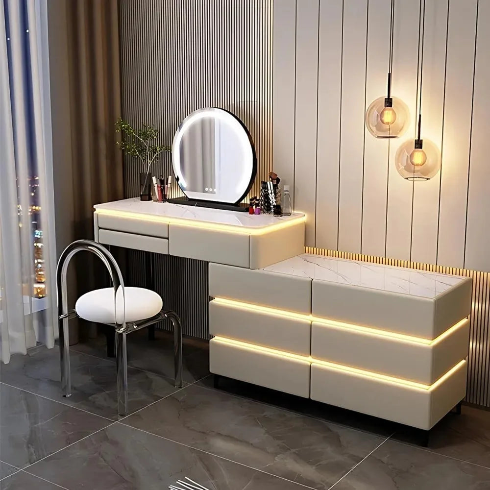 Luxury Dressing Table with LED Mirror, 9 Drawers, Smart Makeup Mirror, and Chair