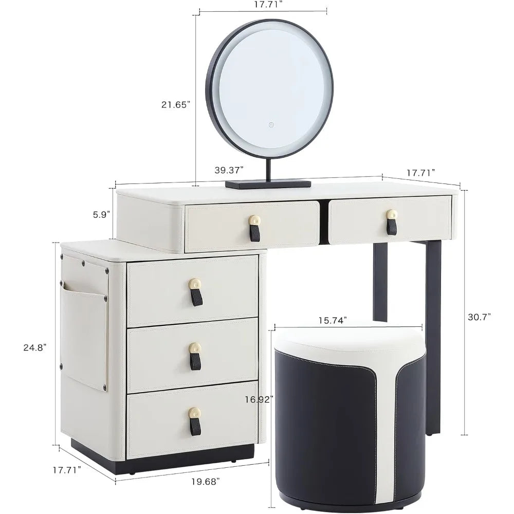 Faux Saddle Leather Makeup Vanity Desk with 5 Drawers, Side Storage, and LED Mirror