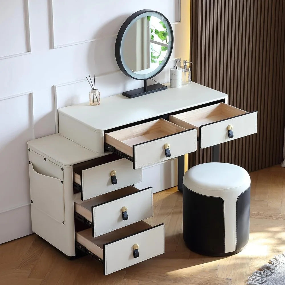 Faux Saddle Leather Makeup Vanity Desk with 5 Drawers, Side Storage, and LED Mirror