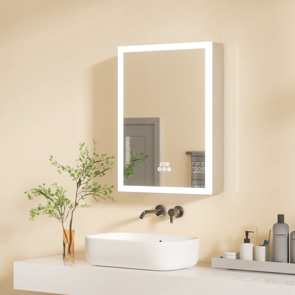 Bathroom Mirror Cabinet Rectangle LED Light Wall Medicine Cabinet with Time Digital Display